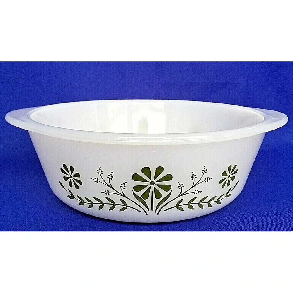 Glass Bake Casserole Dish Milk Glass White Green Daisy‎ Spring Blossom 1.5 QT